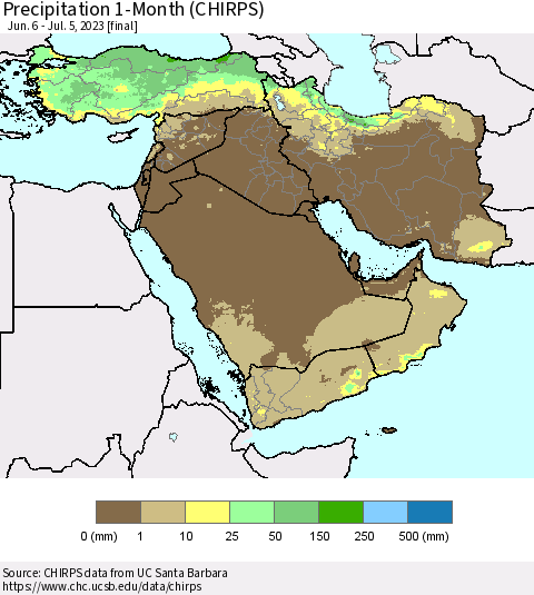 Middle East and Turkey Precipitation 1-Month (CHIRPS) Thematic Map For 6/6/2023 - 7/5/2023