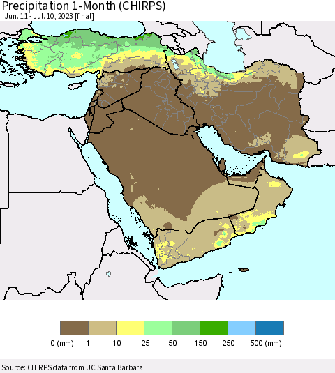 Middle East and Turkey Precipitation 1-Month (CHIRPS) Thematic Map For 6/11/2023 - 7/10/2023