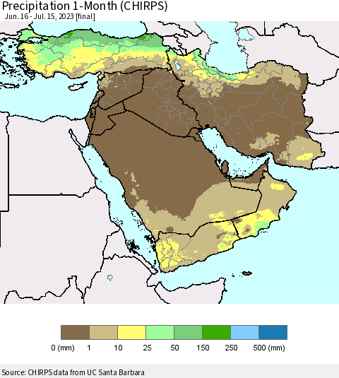 Middle East and Turkey Precipitation 1-Month (CHIRPS) Thematic Map For 6/16/2023 - 7/15/2023