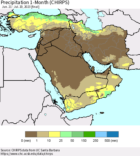 Middle East and Turkey Precipitation 1-Month (CHIRPS) Thematic Map For 6/21/2023 - 7/20/2023