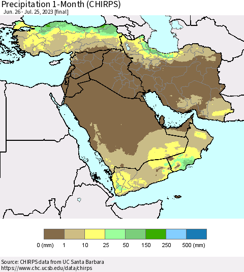Middle East and Turkey Precipitation 1-Month (CHIRPS) Thematic Map For 6/26/2023 - 7/25/2023