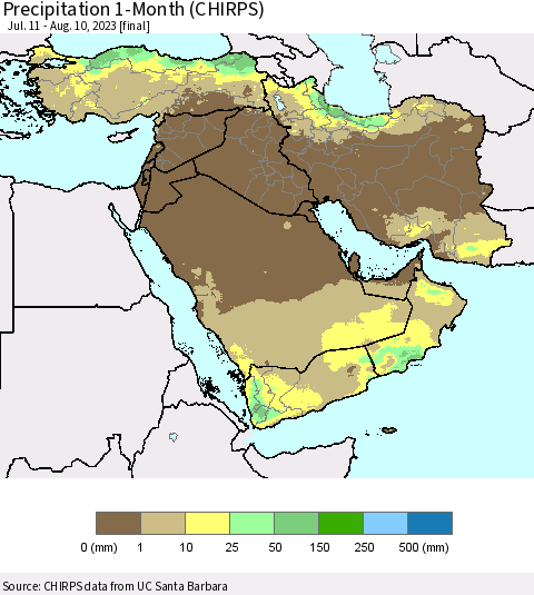 Middle East and Turkey Precipitation 1-Month (CHIRPS) Thematic Map For 7/11/2023 - 8/10/2023