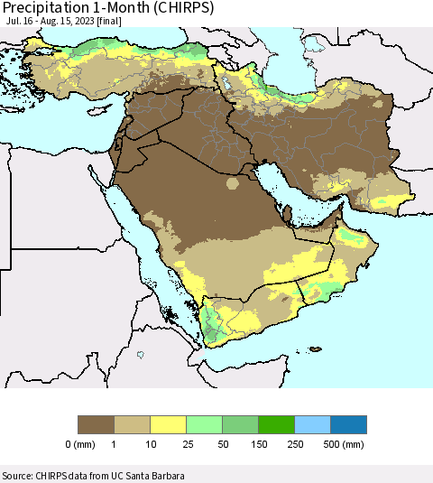 Middle East and Turkey Precipitation 1-Month (CHIRPS) Thematic Map For 7/16/2023 - 8/15/2023