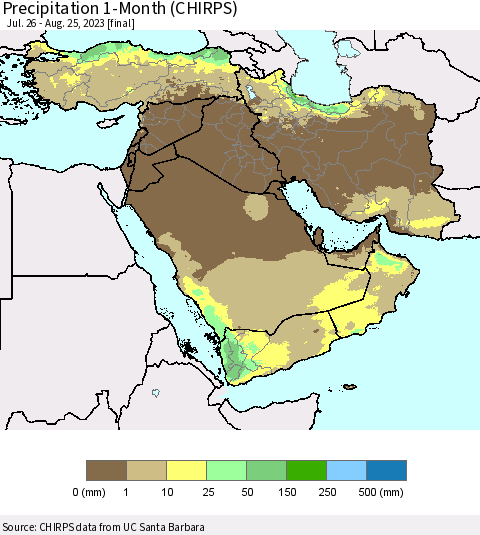 Middle East and Turkey Precipitation 1-Month (CHIRPS) Thematic Map For 7/26/2023 - 8/25/2023