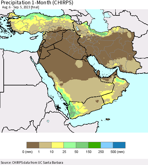 Middle East and Turkey Precipitation 1-Month (CHIRPS) Thematic Map For 8/6/2023 - 9/5/2023