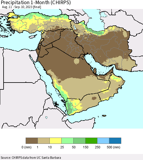 Middle East and Turkey Precipitation 1-Month (CHIRPS) Thematic Map For 8/11/2023 - 9/10/2023