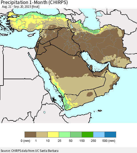 Middle East and Turkey Precipitation 1-Month (CHIRPS) Thematic Map For 8/21/2023 - 9/20/2023