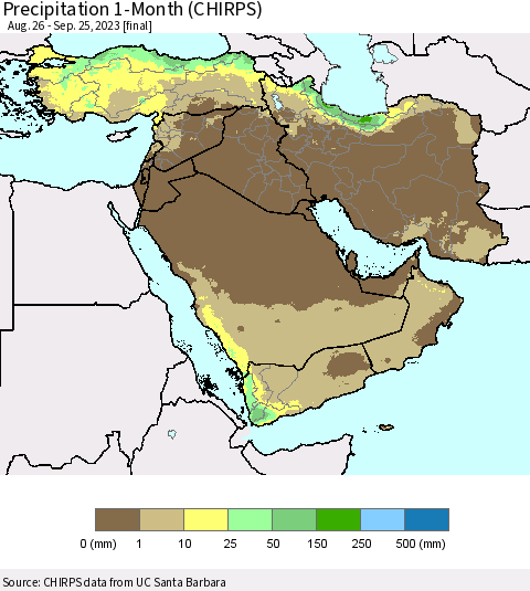 Middle East and Turkey Precipitation 1-Month (CHIRPS) Thematic Map For 8/26/2023 - 9/25/2023