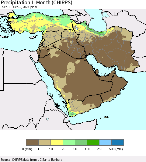 Middle East and Turkey Precipitation 1-Month (CHIRPS) Thematic Map For 9/6/2023 - 10/5/2023