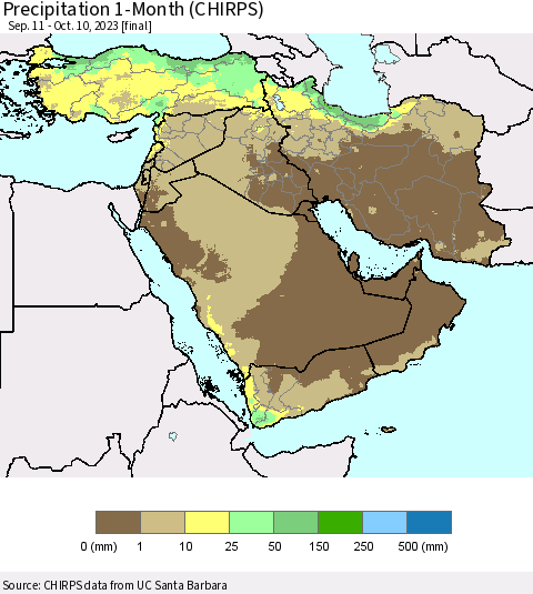 Middle East and Turkey Precipitation 1-Month (CHIRPS) Thematic Map For 9/11/2023 - 10/10/2023