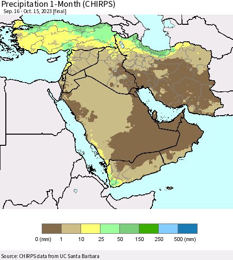 Middle East and Turkey Precipitation 1-Month (CHIRPS) Thematic Map For 9/16/2023 - 10/15/2023