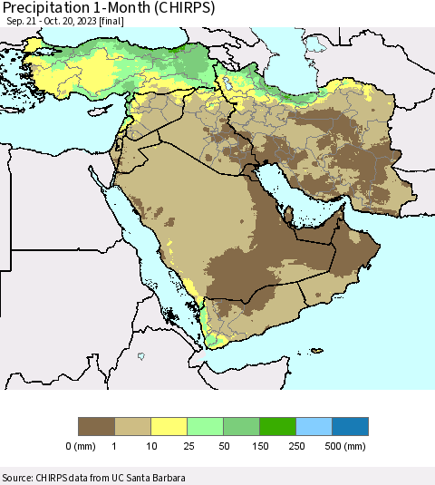 Middle East and Turkey Precipitation 1-Month (CHIRPS) Thematic Map For 9/21/2023 - 10/20/2023