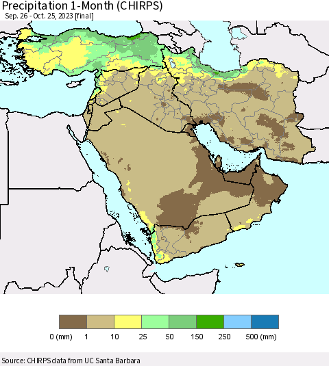 Middle East and Turkey Precipitation 1-Month (CHIRPS) Thematic Map For 9/26/2023 - 10/25/2023