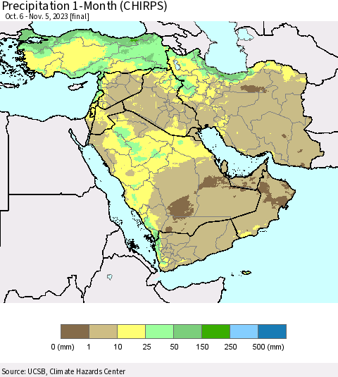 Middle East and Turkey Precipitation 1-Month (CHIRPS) Thematic Map For 10/6/2023 - 11/5/2023