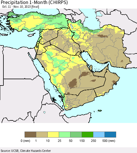 Middle East and Turkey Precipitation 1-Month (CHIRPS) Thematic Map For 10/11/2023 - 11/10/2023