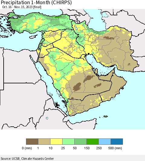 Middle East and Turkey Precipitation 1-Month (CHIRPS) Thematic Map For 10/16/2023 - 11/15/2023