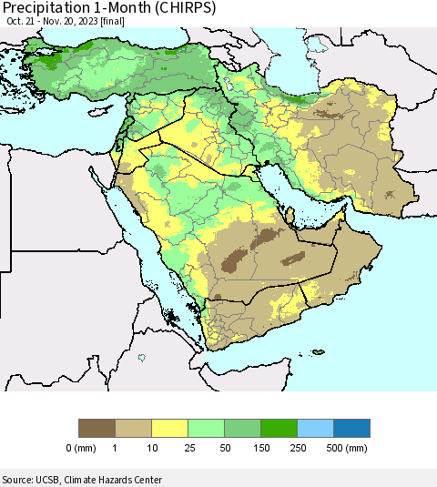 Middle East and Turkey Precipitation 1-Month (CHIRPS) Thematic Map For 10/21/2023 - 11/20/2023