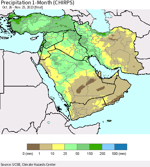 Middle East and Turkey Precipitation 1-Month (CHIRPS) Thematic Map For 10/26/2023 - 11/25/2023