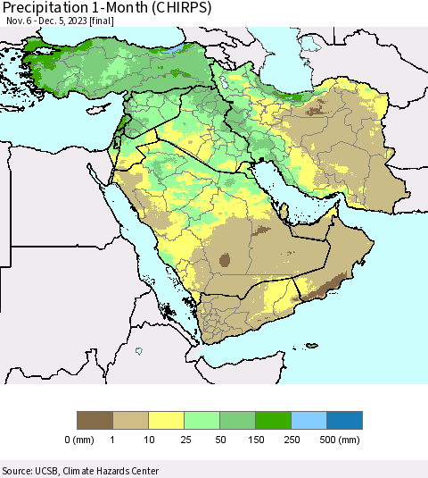 Middle East and Turkey Precipitation 1-Month (CHIRPS) Thematic Map For 11/6/2023 - 12/5/2023