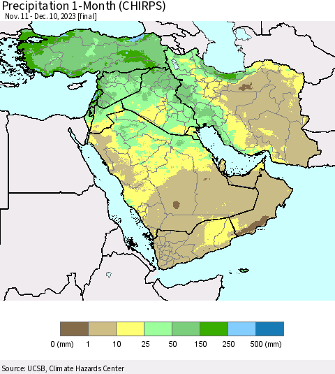 Middle East and Turkey Precipitation 1-Month (CHIRPS) Thematic Map For 11/11/2023 - 12/10/2023