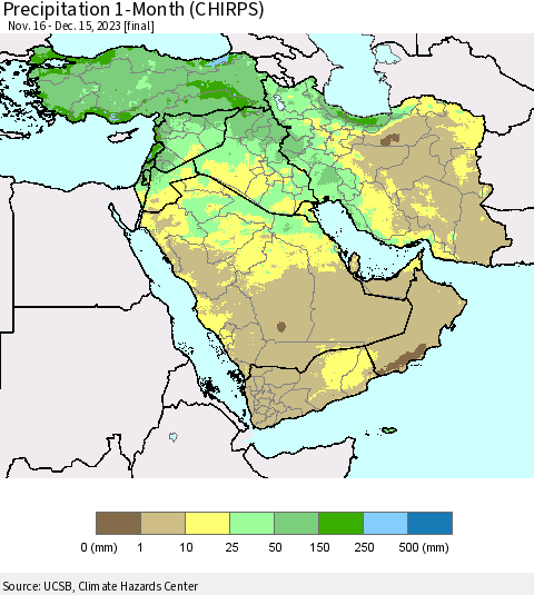 Middle East and Turkey Precipitation 1-Month (CHIRPS) Thematic Map For 11/16/2023 - 12/15/2023