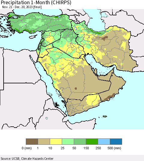Middle East and Turkey Precipitation 1-Month (CHIRPS) Thematic Map For 11/21/2023 - 12/20/2023