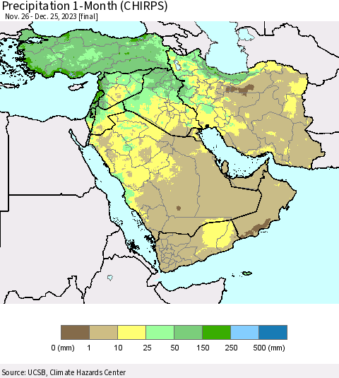 Middle East and Turkey Precipitation 1-Month (CHIRPS) Thematic Map For 11/26/2023 - 12/25/2023