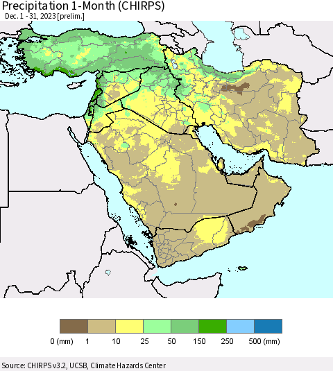 Middle East and Turkey Precipitation 1-Month (CHIRPS) Thematic Map For 12/1/2023 - 12/31/2023
