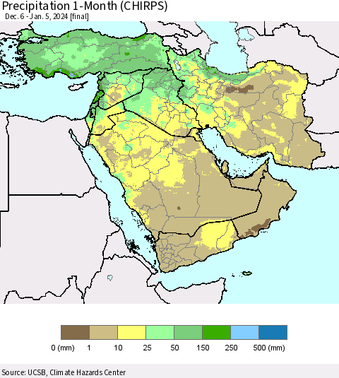 Middle East and Turkey Precipitation 1-Month (CHIRPS) Thematic Map For 12/6/2023 - 1/5/2024