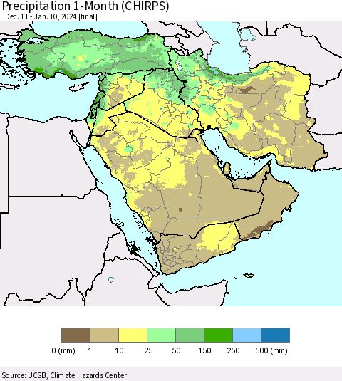 Middle East and Turkey Precipitation 1-Month (CHIRPS) Thematic Map For 12/11/2023 - 1/10/2024
