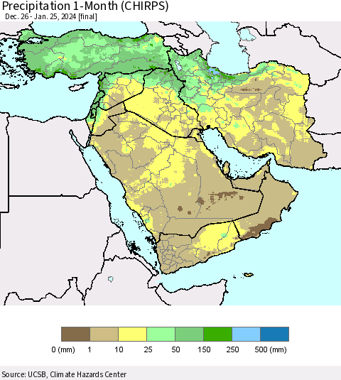Middle East and Turkey Precipitation 1-Month (CHIRPS) Thematic Map For 12/26/2023 - 1/25/2024