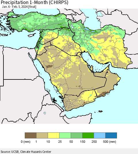 Middle East and Turkey Precipitation 1-Month (CHIRPS) Thematic Map For 1/6/2024 - 2/5/2024