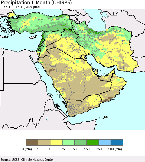 Middle East and Turkey Precipitation 1-Month (CHIRPS) Thematic Map For 1/11/2024 - 2/10/2024