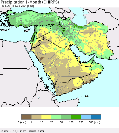 Middle East and Turkey Precipitation 1-Month (CHIRPS) Thematic Map For 1/16/2024 - 2/15/2024