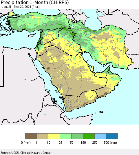 Middle East and Turkey Precipitation 1-Month (CHIRPS) Thematic Map For 1/21/2024 - 2/20/2024