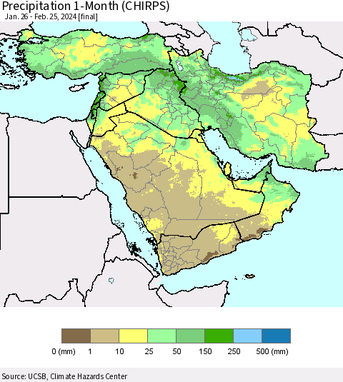 Middle East and Turkey Precipitation 1-Month (CHIRPS) Thematic Map For 1/26/2024 - 2/25/2024