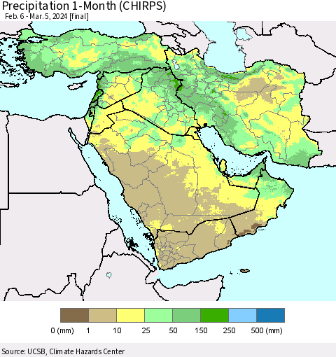 Middle East and Turkey Precipitation 1-Month (CHIRPS) Thematic Map For 2/6/2024 - 3/5/2024