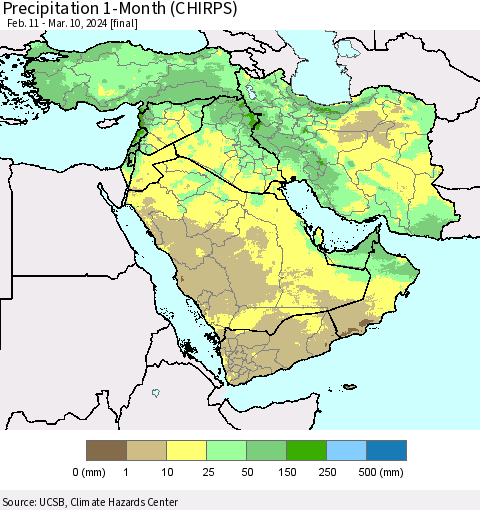 Middle East and Turkey Precipitation 1-Month (CHIRPS) Thematic Map For 2/11/2024 - 3/10/2024