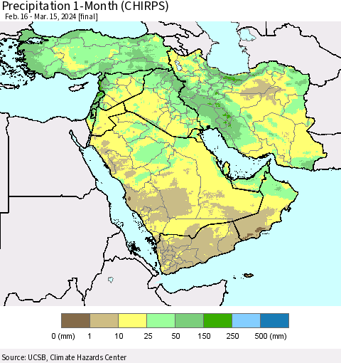 Middle East and Turkey Precipitation 1-Month (CHIRPS) Thematic Map For 2/16/2024 - 3/15/2024