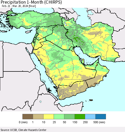 Middle East and Turkey Precipitation 1-Month (CHIRPS) Thematic Map For 2/21/2024 - 3/20/2024