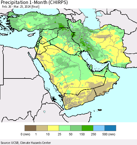 Middle East and Turkey Precipitation 1-Month (CHIRPS) Thematic Map For 2/26/2024 - 3/25/2024