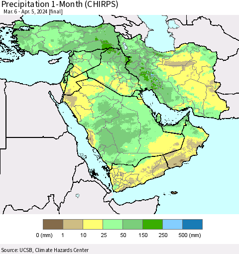 Middle East and Turkey Precipitation 1-Month (CHIRPS) Thematic Map For 3/6/2024 - 4/5/2024