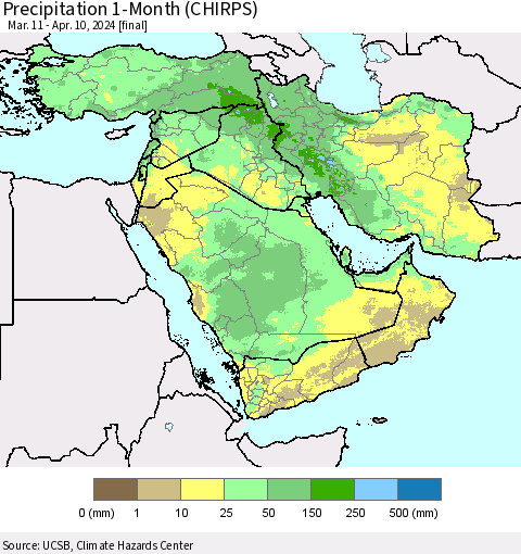 Middle East and Turkey Precipitation 1-Month (CHIRPS) Thematic Map For 3/11/2024 - 4/10/2024