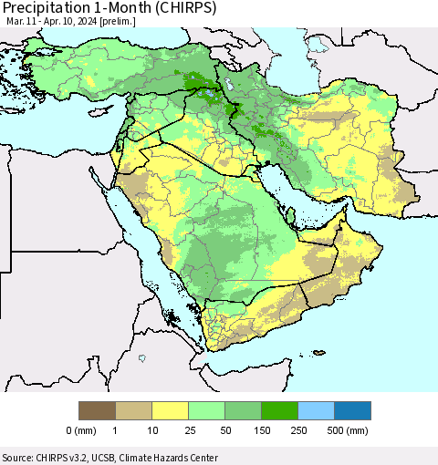 Middle East and Turkey Precipitation 1-Month (CHIRPS) Thematic Map For 3/11/2024 - 4/10/2024