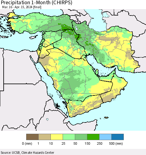 Middle East and Turkey Precipitation 1-Month (CHIRPS) Thematic Map For 3/16/2024 - 4/15/2024
