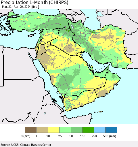 Middle East and Turkey Precipitation 1-Month (CHIRPS) Thematic Map For 3/21/2024 - 4/20/2024