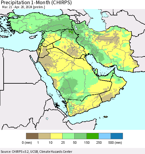 Middle East and Turkey Precipitation 1-Month (CHIRPS) Thematic Map For 3/21/2024 - 4/20/2024