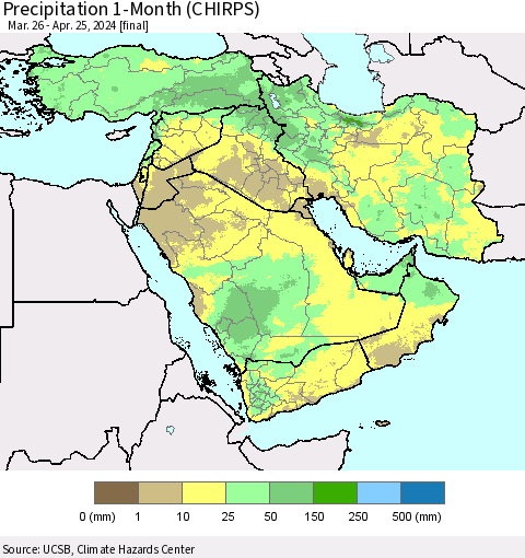 Middle East and Turkey Precipitation 1-Month (CHIRPS) Thematic Map For 3/26/2024 - 4/25/2024