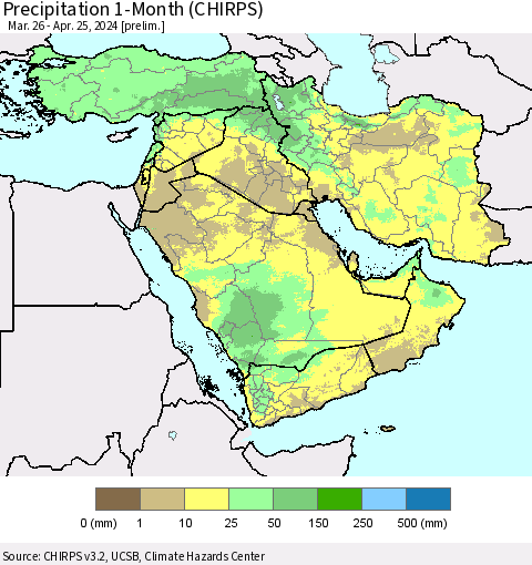 Middle East and Turkey Precipitation 1-Month (CHIRPS) Thematic Map For 3/26/2024 - 4/25/2024