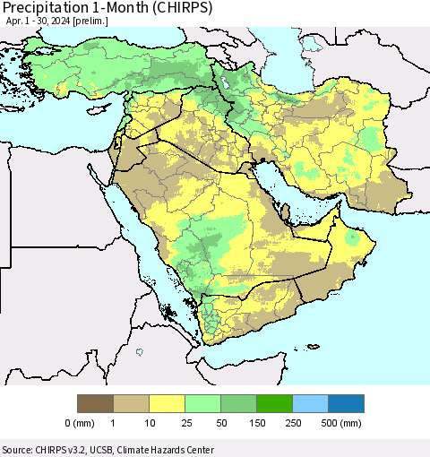 Middle East and Turkey Precipitation 1-Month (CHIRPS) Thematic Map For 4/1/2024 - 4/30/2024